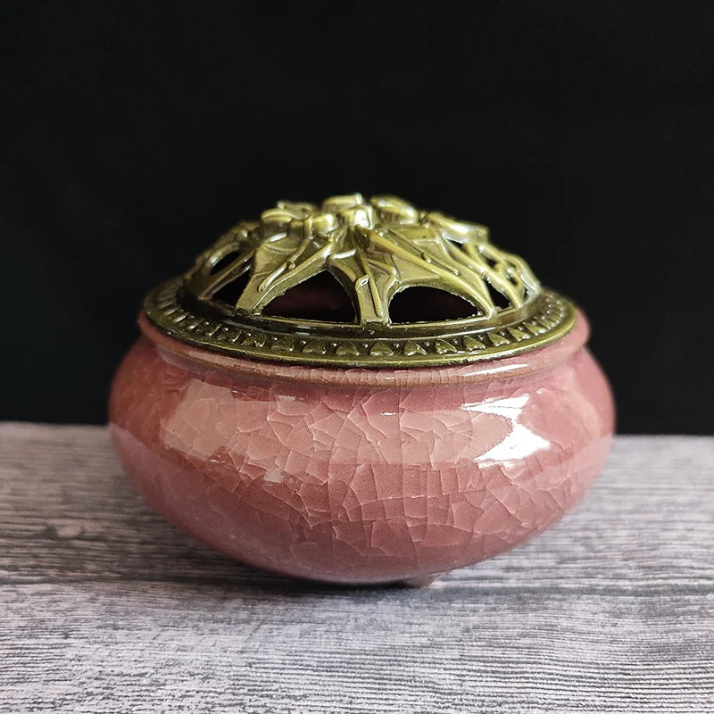 Ceramic Ice Crack Coil Incense Burner with Copper Cover, Colorful Antique Alloy Incense Plate Aroma Diffuser Home Decor