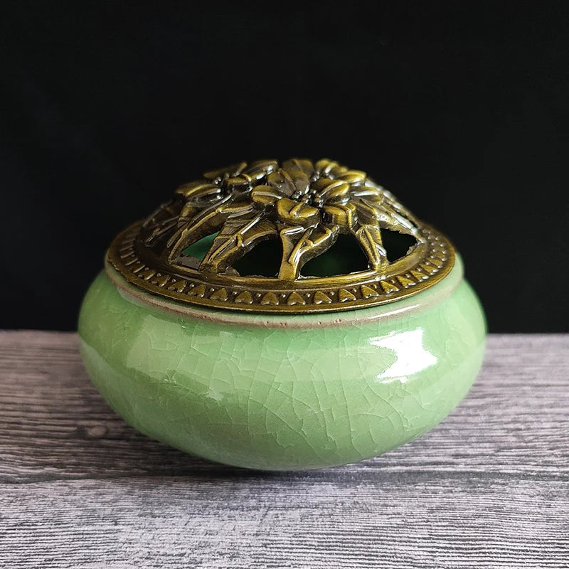 Ceramic Ice Crack Coil Incense Burner with Copper Cover, Colorful Antique Alloy Incense Plate Aroma Diffuser Home Decor