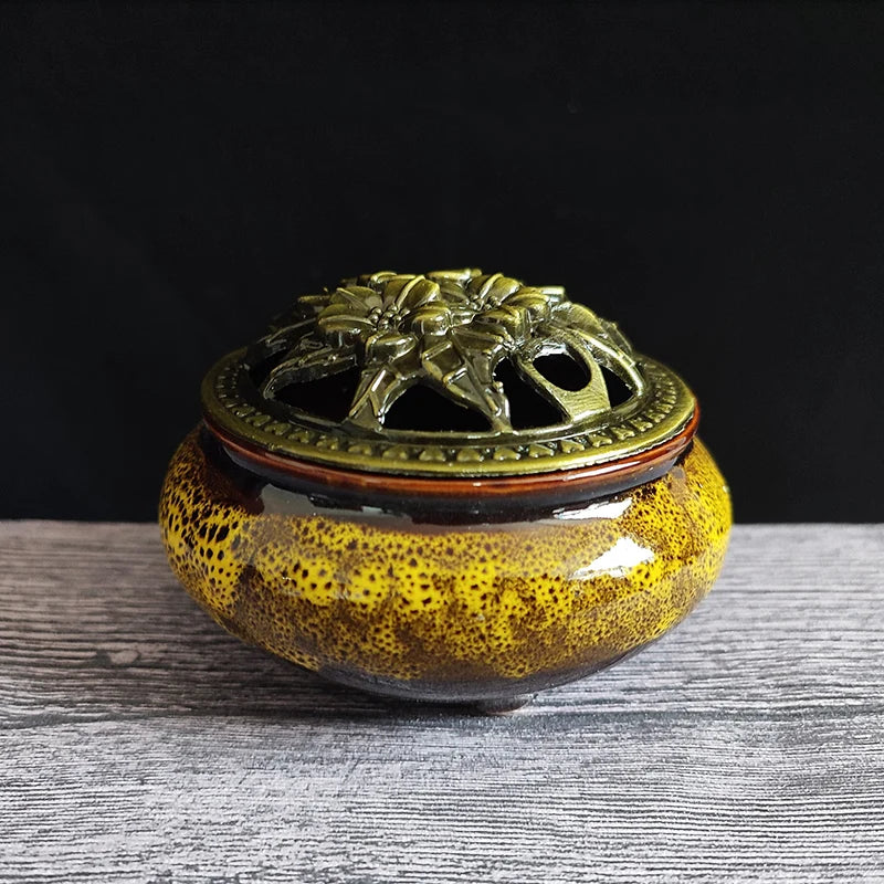 Ceramic Ice Crack Coil Incense Burner with Copper Cover, Colorful Antique Alloy Incense Plate Aroma Diffuser Home Decor