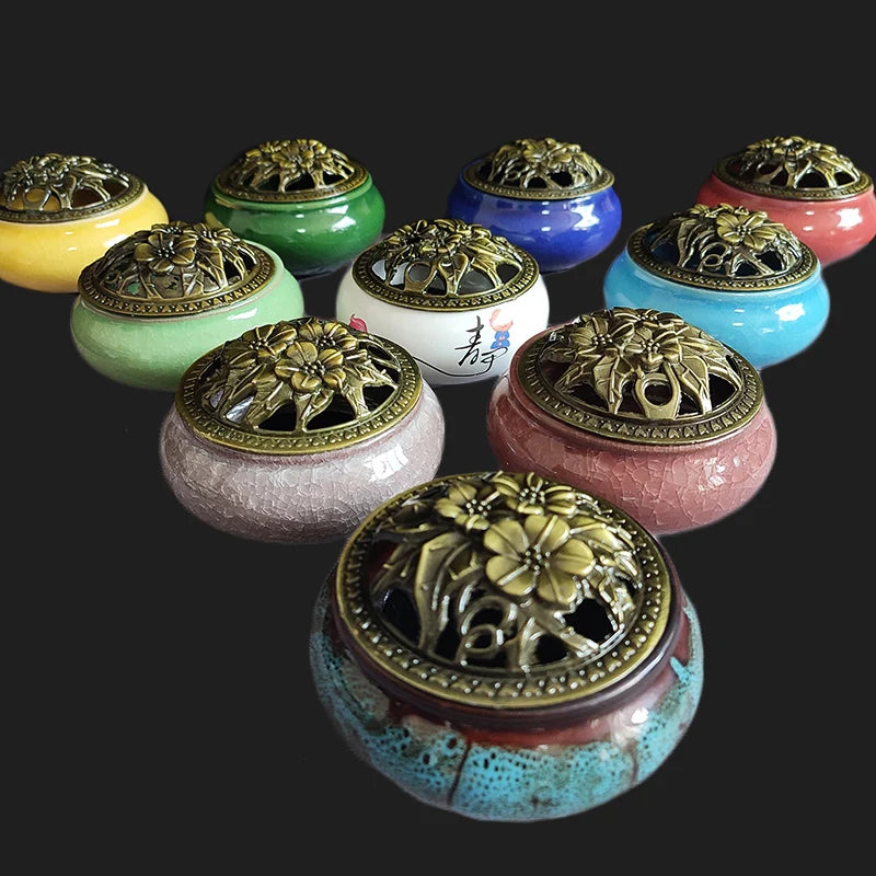 Ceramic Ice Crack Coil Incense Burner with Copper Cover, Colorful Antique Alloy Incense Plate Aroma Diffuser Home Decor