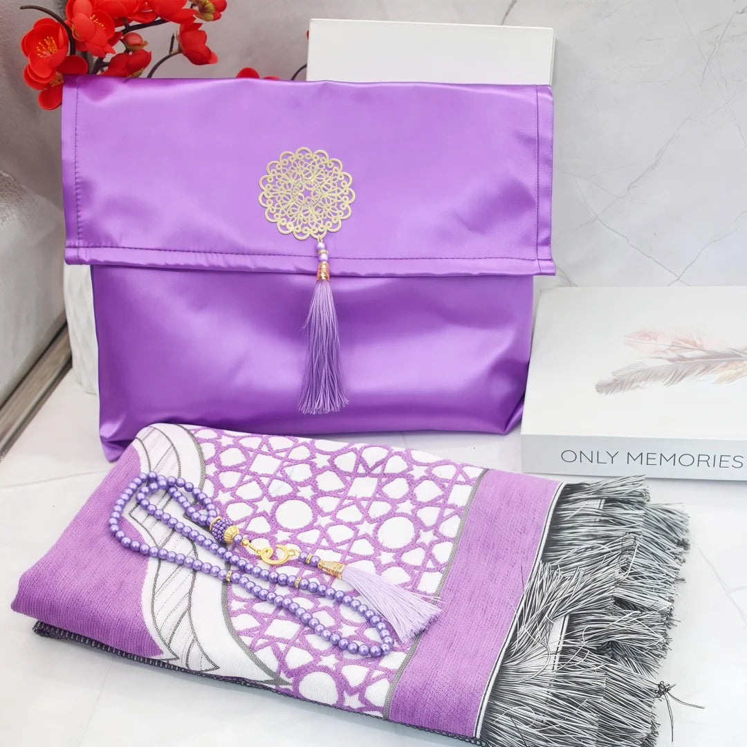 Muslim Prayer Rug with Portable Bag Beads Muslim for Women Men Soft Mat Islam Gifts Set Turkish for Ramadan Eid Hajj Travel Mat