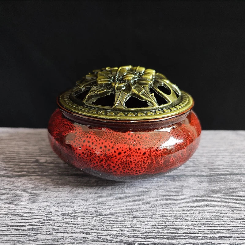 Ceramic Ice Crack Coil Incense Burner with Copper Cover, Colorful Antique Alloy Incense Plate Aroma Diffuser Home Decor