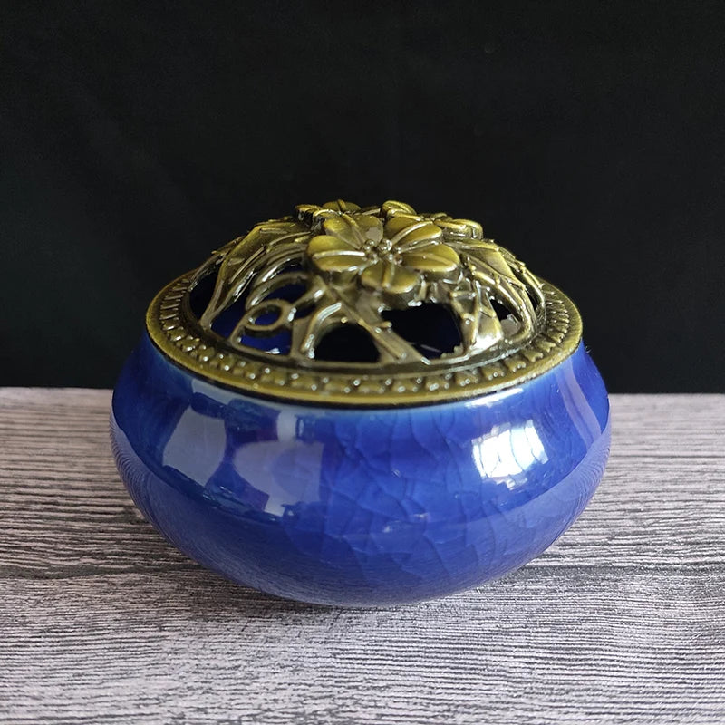 Ceramic Ice Crack Coil Incense Burner with Copper Cover, Colorful Antique Alloy Incense Plate Aroma Diffuser Home Decor
