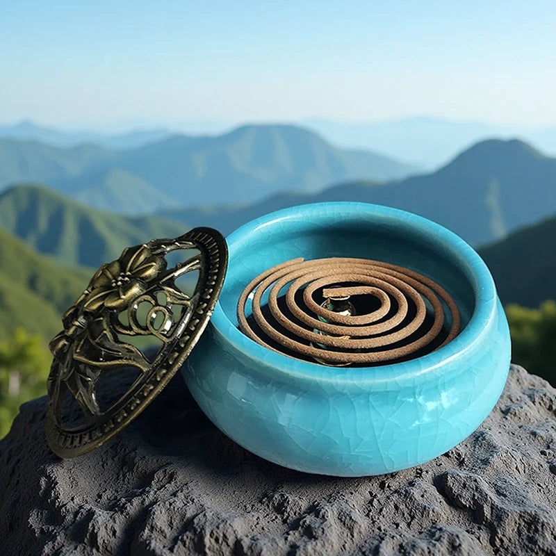 Ceramic Ice Crack Coil Incense Burner with Copper Cover, Colorful Antique Alloy Incense Plate Aroma Diffuser Home Decor