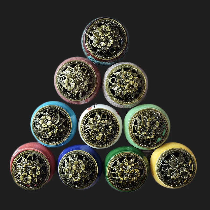 Ceramic Ice Crack Coil Incense Burner with Copper Cover, Colorful Antique Alloy Incense Plate Aroma Diffuser Home Decor