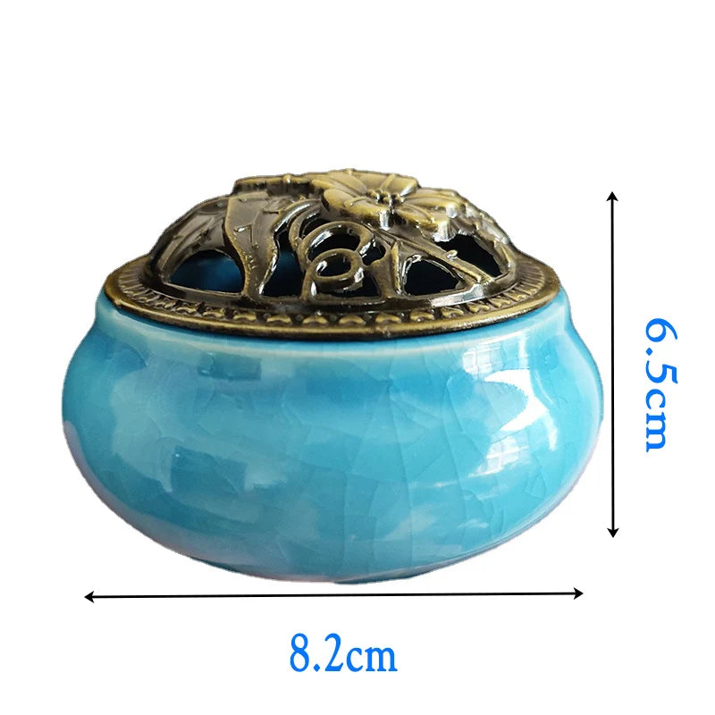 Ceramic Ice Crack Coil Incense Burner with Copper Cover, Colorful Antique Alloy Incense Plate Aroma Diffuser Home Decor