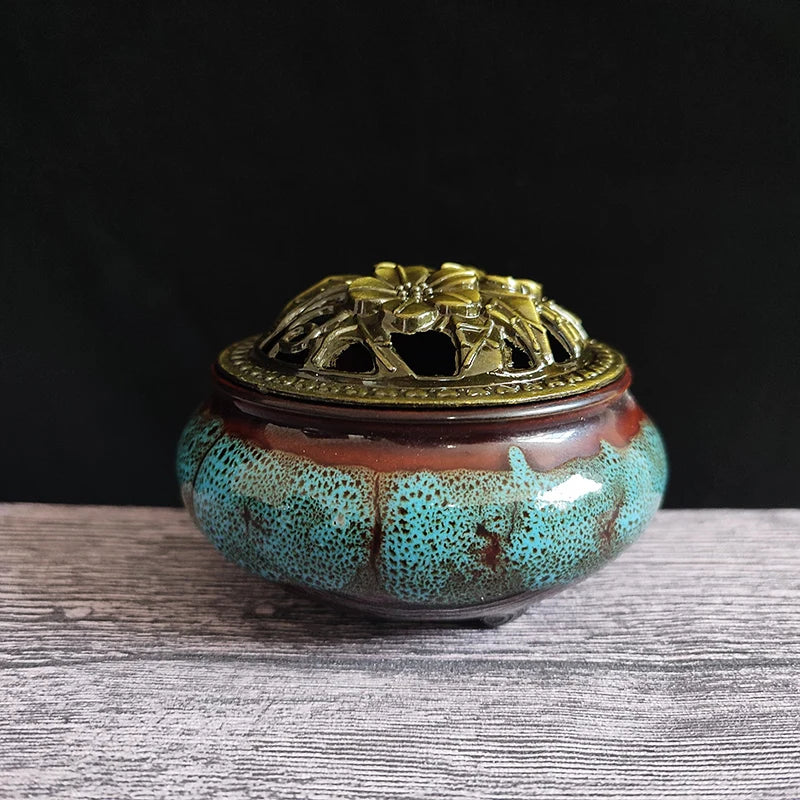 Ceramic Ice Crack Coil Incense Burner with Copper Cover, Colorful Antique Alloy Incense Plate Aroma Diffuser Home Decor