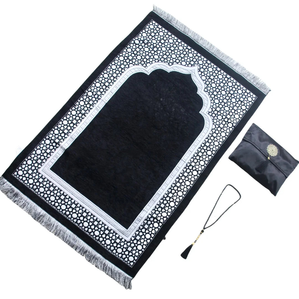 Muslim Prayer Rug with Portable Bag Beads Muslim for Women Men Soft Mat Islam Gifts Set Turkish for Ramadan Eid Hajj Travel Mat