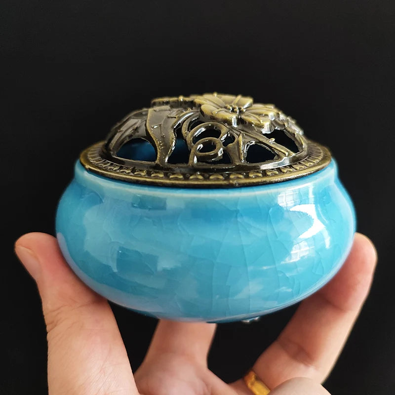 Ceramic Ice Crack Coil Incense Burner with Copper Cover, Colorful Antique Alloy Incense Plate Aroma Diffuser Home Decor