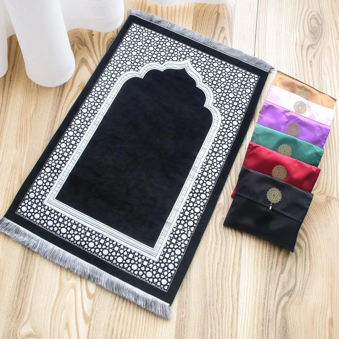 Muslim Prayer Rug with Portable Bag Beads Muslim for Women Men Soft Mat Islam Gifts Set Turkish for Ramadan Eid Hajj Travel Mat