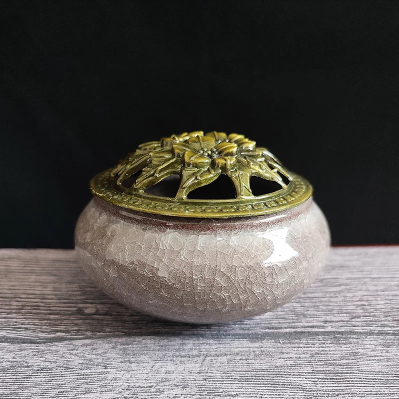 Ceramic Ice Crack Coil Incense Burner with Copper Cover, Colorful Antique Alloy Incense Plate Aroma Diffuser Home Decor