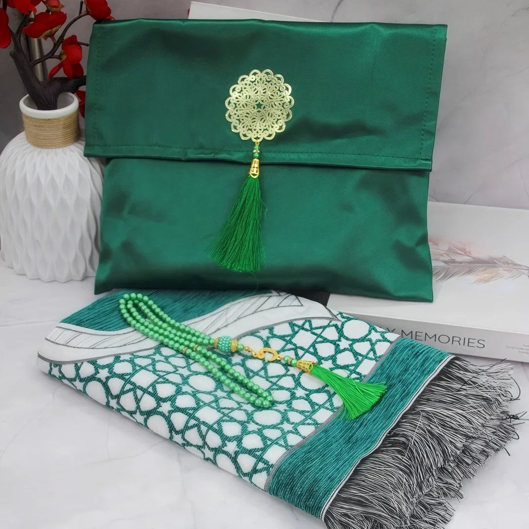 Muslim Prayer Rug with Portable Bag Beads Muslim for Women Men Soft Mat Islam Gifts Set Turkish for Ramadan Eid Hajj Travel Mat