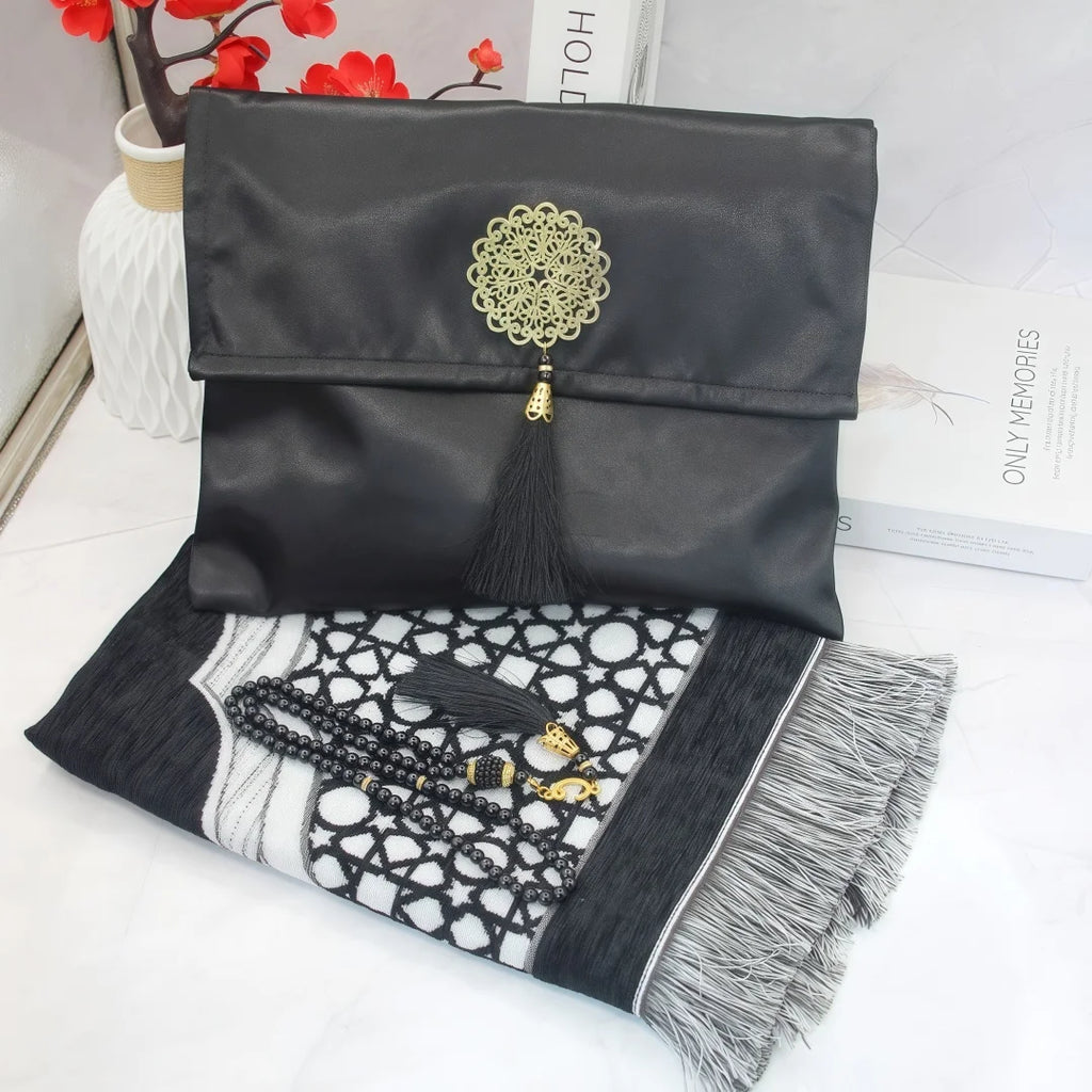 Muslim Prayer Rug with Portable Bag Beads Muslim for Women Men Soft Mat Islam Gifts Set Turkish for Ramadan Eid Hajj Travel Mat