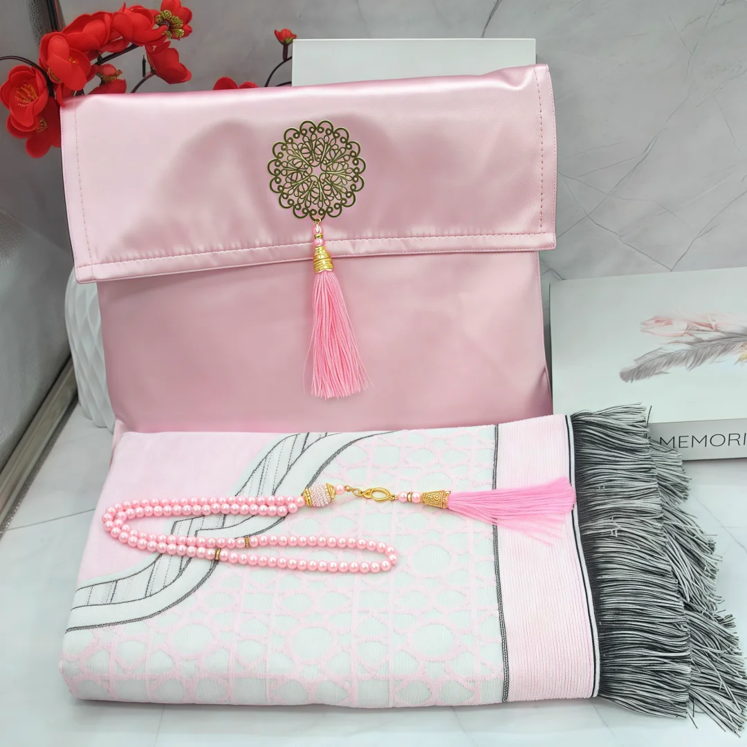 Muslim Prayer Rug with Portable Bag Beads Muslim for Women Men Soft Mat Islam Gifts Set Turkish for Ramadan Eid Hajj Travel Mat