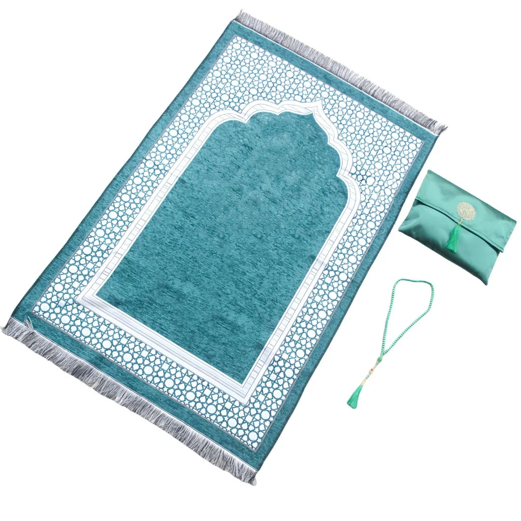 Muslim Prayer Rug with Portable Bag Beads Muslim for Women Men Soft Mat Islam Gifts Set Turkish for Ramadan Eid Hajj Travel Mat