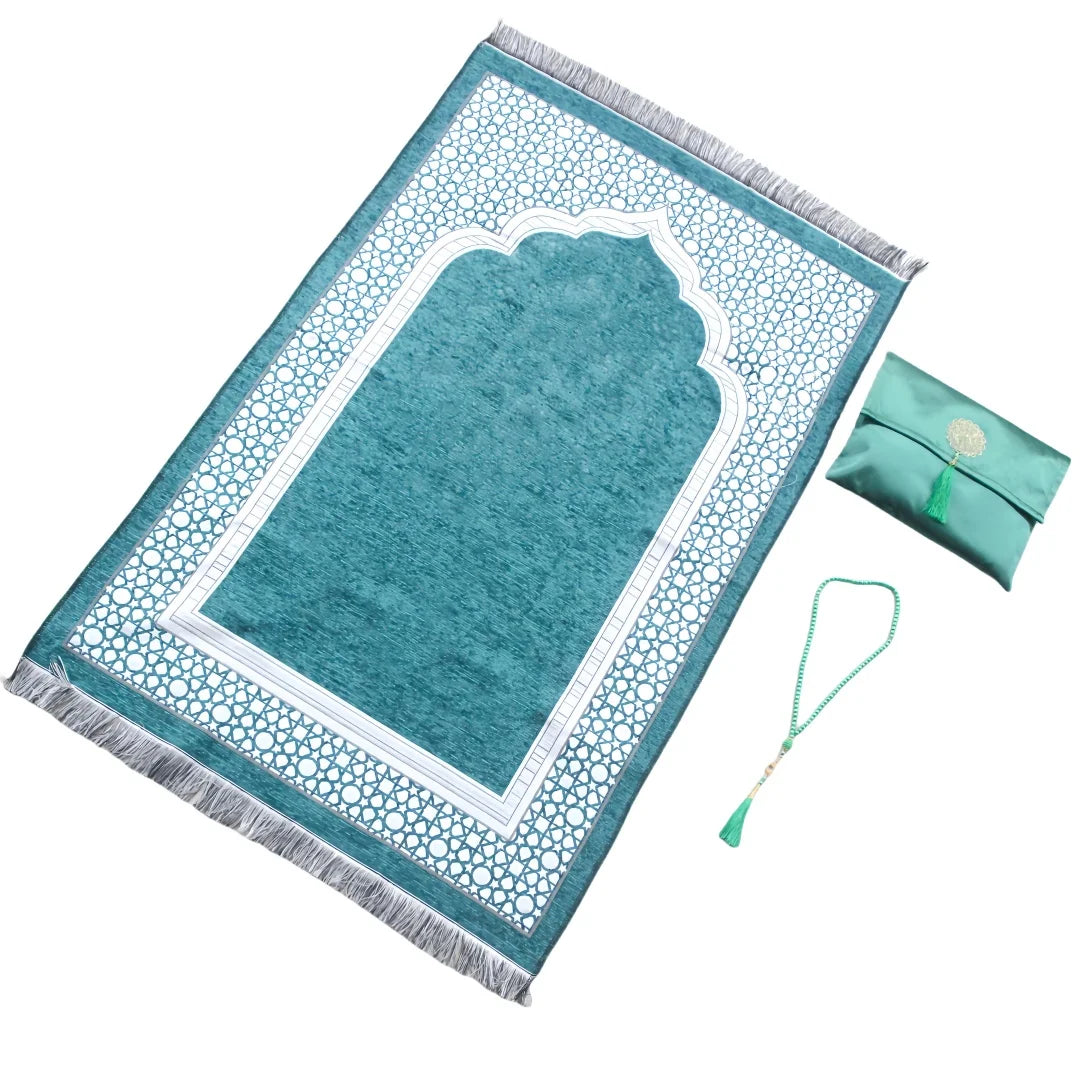 Muslim Prayer Rug with Portable Bag Beads Muslim for Women Men Soft Mat Islam Gifts Set Turkish for Ramadan Eid Hajj Travel Mat