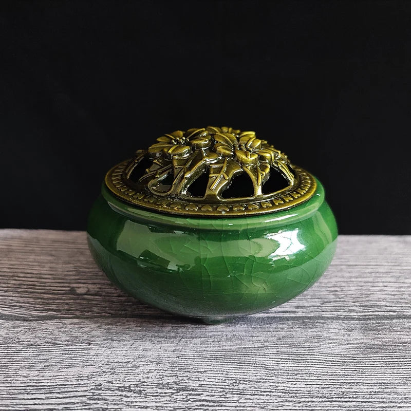 Ceramic Ice Crack Coil Incense Burner with Copper Cover, Colorful Antique Alloy Incense Plate Aroma Diffuser Home Decor