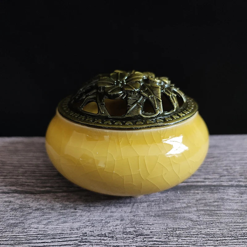 Ceramic Ice Crack Coil Incense Burner with Copper Cover, Colorful Antique Alloy Incense Plate Aroma Diffuser Home Decor