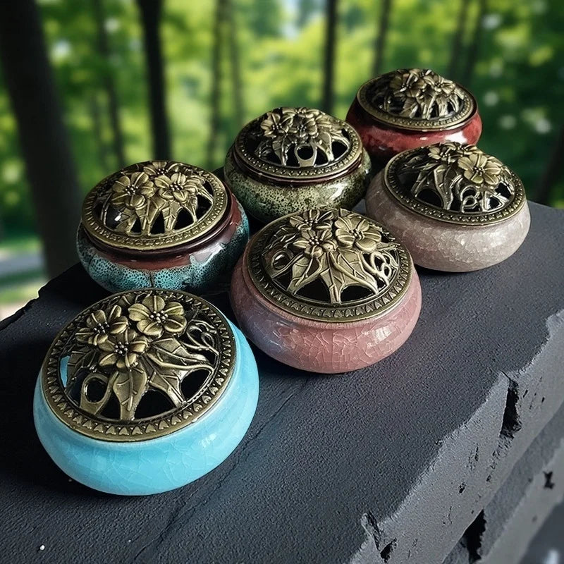 Ceramic Ice Crack Coil Incense Burner with Copper Cover, Colorful Antique Alloy Incense Plate Aroma Diffuser Home Decor